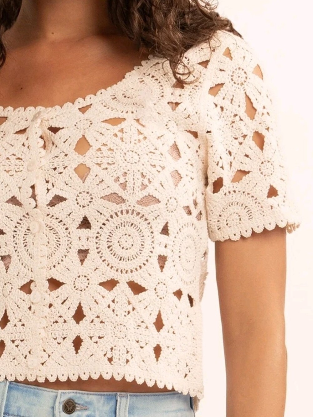 Women’s Cream Crochet Short Sleeve Top